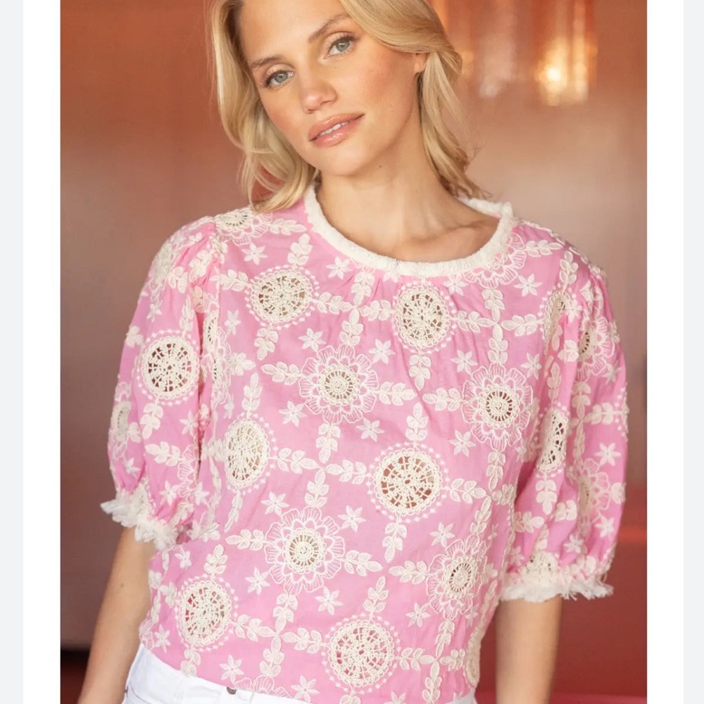 Lace Appliqué Puff-Sleeve Blouse in Pink - Picture 2 of 8